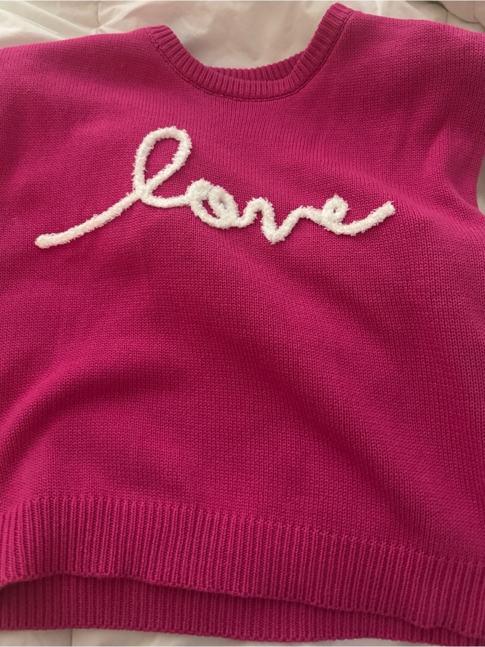 Bright Pink Crewneck Sweater with White 'Love' Applique